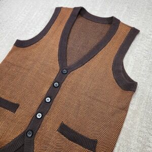 Herringbone Knit Cardigan Sweater Vest Men Medium Wool Blend Brown Wool Blend